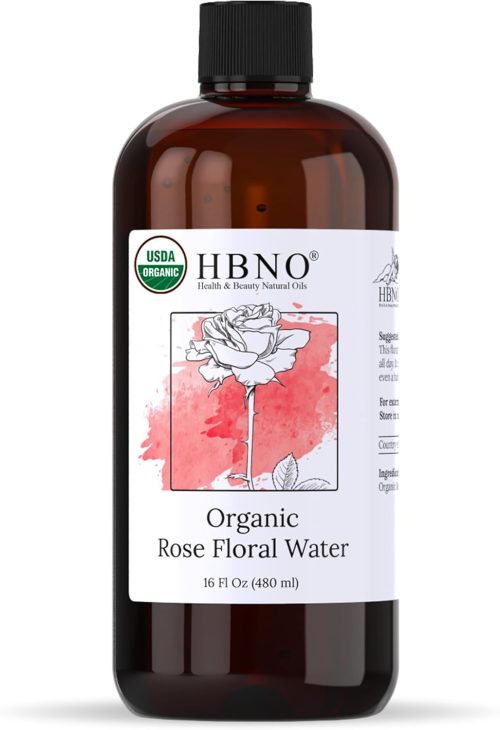 HBNO California Bottled Organic Rose Water for Face Huge 16 fl oz (480ml) Value Size – USDA Certified Organic Rose Water for Face – Pure Rose Water for Hair – Rosewater for Skincare, Haircare