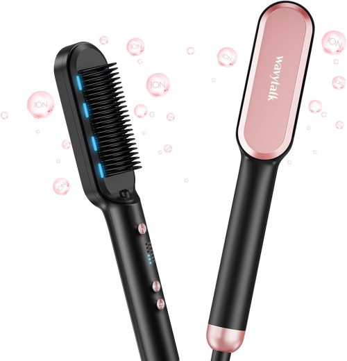 Wavytalk Hair Straightener Brush,Sleek Sweep Ionic Straightening Brush with 6 Temperature Adjust, Anti-Scald Ceramic Hair Straightener Comb Fast Heating for Home Salon, Dual Voltage, Rose Gold