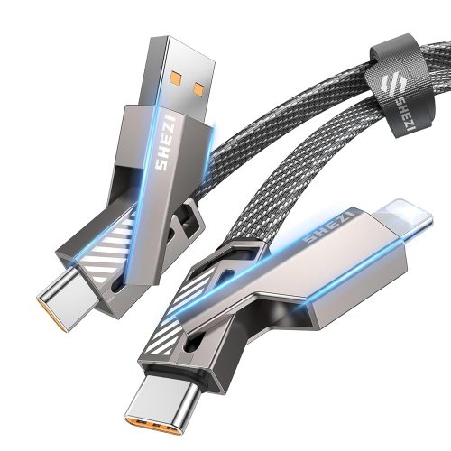 [Upgraded 2.0] SHEZI 4-in-1 USB C Cable 60W 5FT Lightning Cable MFI Certified [Fast Charging & Data Sync] Flat Braided Multi Charger Cord Combo with Lightning/USB C/A Port for iPhone/iPad &All Devices